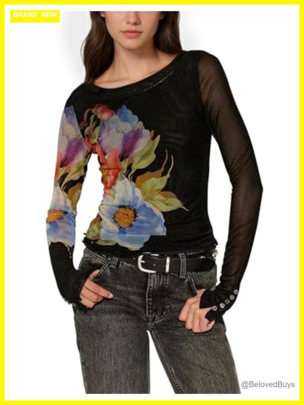 Women Floral Mesh Long Sleeve Slim Fit Tee Y2K Night Out Top